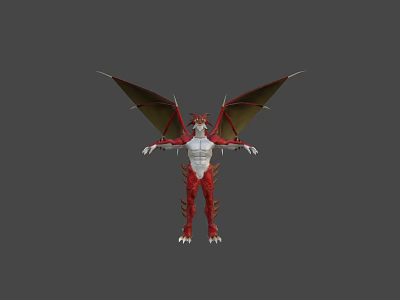 Red And White Mythical Dragon Game Character With Wings And Horns 3d model