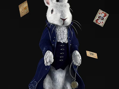 White Rabbit Dressed In Blue Coat With Lace Collar Surrounded By Playing Cards 3d model