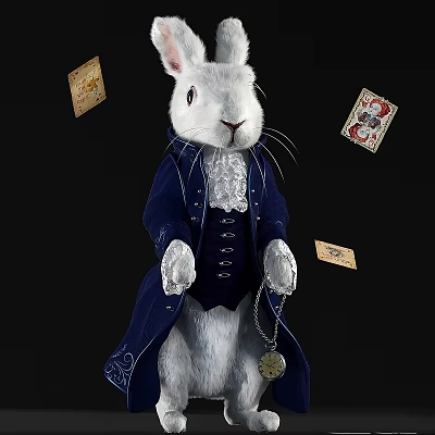 White Rabbit Dressed In Blue Coat With Lace Collar Surrounded By Playing Cards 3d model