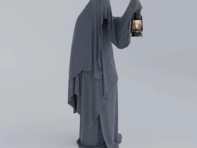Mysterious Game and Movie Character Wearing Long Gray Robe Holding Lantern in Gray Scene 3d model