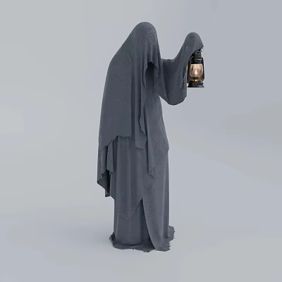 Mysterious Game and Movie Character Wearing Long Gray Robe Holding Lantern in Gray Scene 3d model