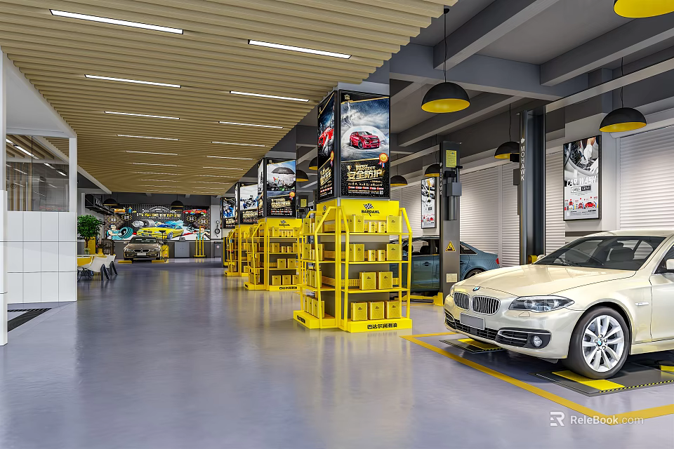 Spacious Car Showroom Interior With White Car Yellow Shelves And Billboards 3d model 