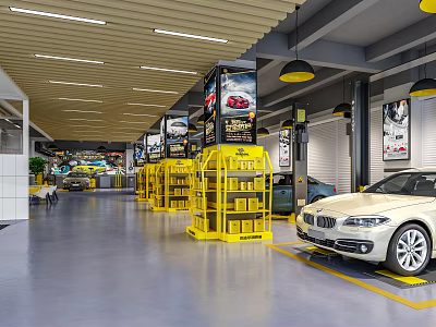 Spacious Car Showroom Interior With White Car Yellow Shelves And Billboards 3d model