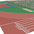 Soccer Field with Red Running Track Green Striped Grass Center Circle and Goal Areas