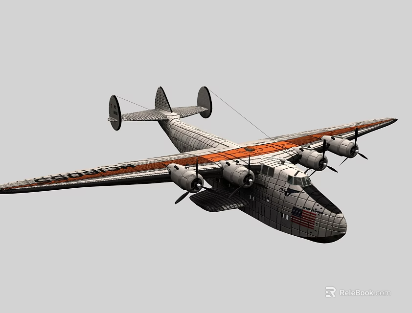 Vintage Twin Tailed Passenger Aircraft With Orange Stripe And Four Engines Flying In Sky 3d model 
