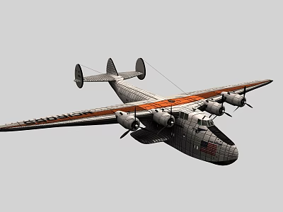Vintage Twin Tailed Passenger Aircraft With Orange Stripe And Four Engines Flying In Sky 3d model