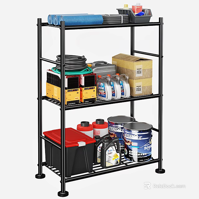Black Multi Tier Storage Shelf with Cleaning Supplies Paint Buckets and Storage Bins 3d model 