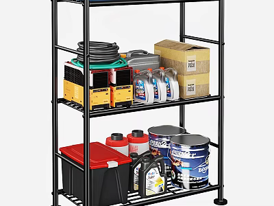 Black Multi Tier Storage Shelf with Cleaning Supplies Paint Buckets and Storage Bins 3d model