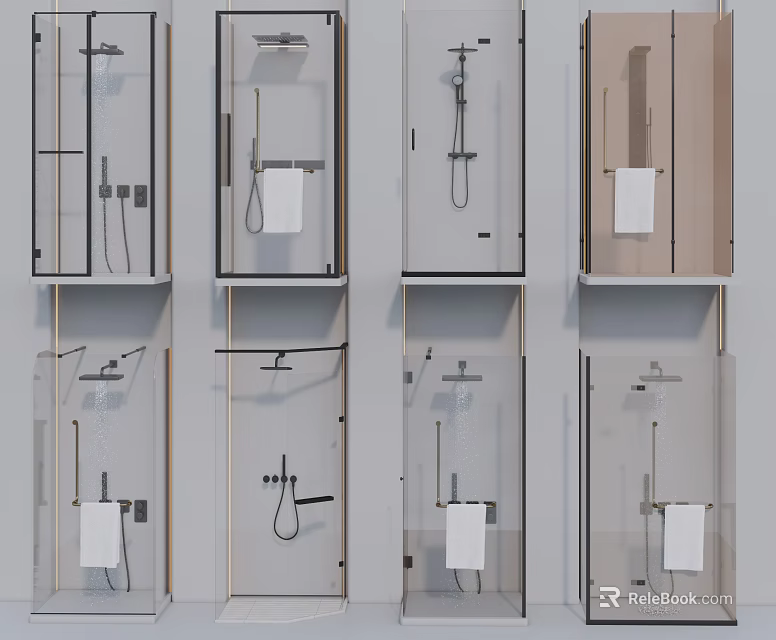 Various Modern Shower Sauna Designs With Glass Enclosures And Towel Accessories 3d model 