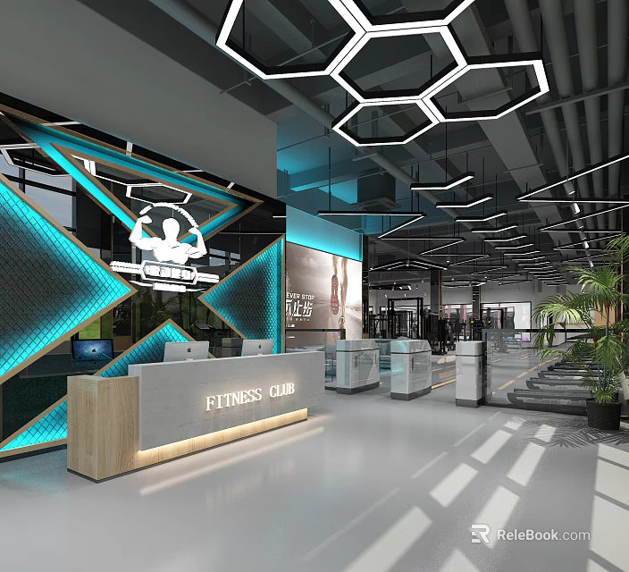 Modern Fitness Club Reception Area With Hexagon Lighting Blue Decor And Marble Counter 3d model 
