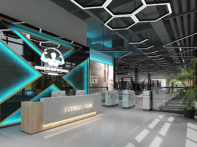 Modern Fitness Club Reception Area With Hexagon Lighting Blue Decor And Marble Counter 3d model