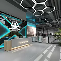 Modern Fitness Club Reception Area With Hexagon Lighting Blue Decor And Marble Counter