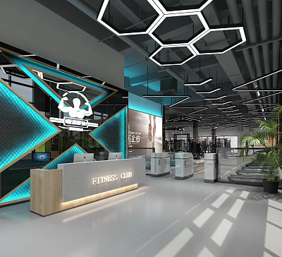 Modern Fitness Club Reception Area With Hexagon Lighting Blue Decor And Marble Counter 3d model