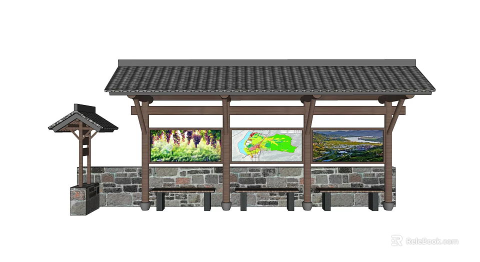 Traditional Station With Wooden Structure Stone Wall And Scenic Display Panels 3d model 