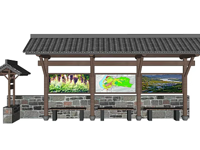 Traditional Station With Wooden Structure Stone Wall And Scenic Display Panels 3d model