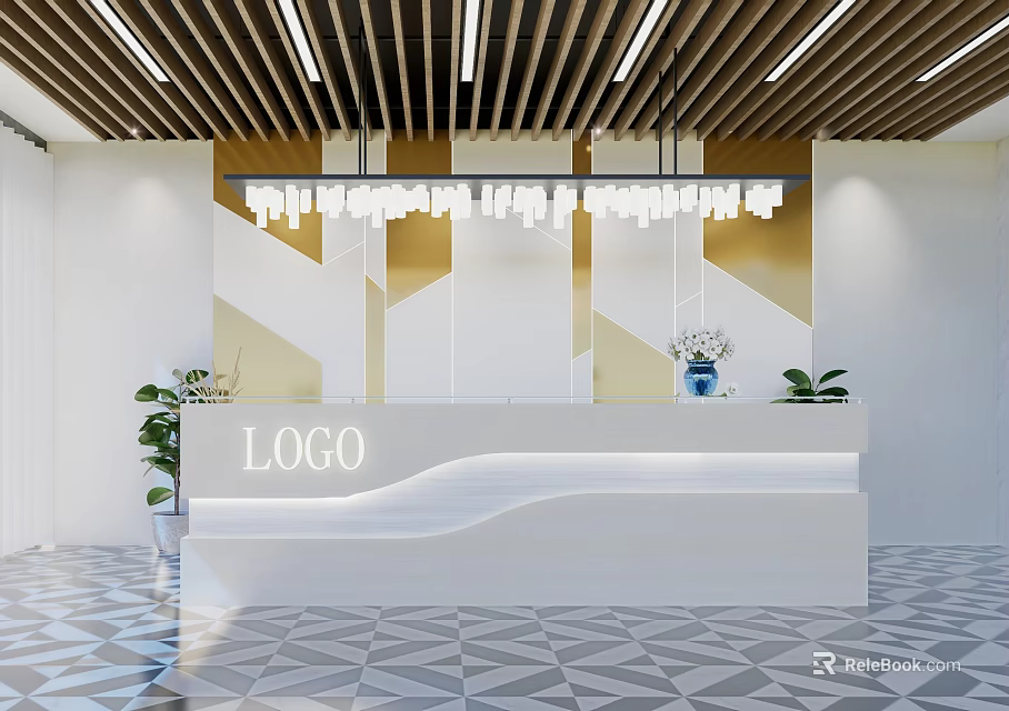 Modern Front Desk Reception Area With White Counter Gold Accent Wall Pendant Lights And Plants 3d model 