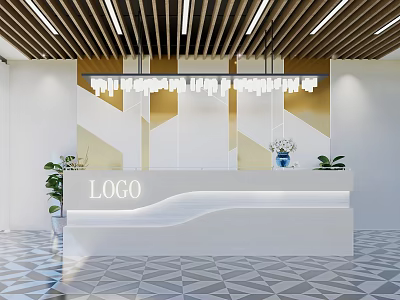 Modern Front Desk Reception Area With White Counter Gold Accent Wall Pendant Lights And Plants 3d model