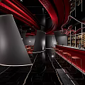 Luxurious Modern Restaurant Interior With Red Curved Decor Black Pillars And Wine Bar Counter
