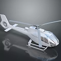 White Helicopter Model with Rotors and Transparent Cabin on Reflective Dark Background