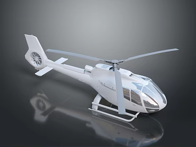 White Helicopter Model with Rotors and Transparent Cabin on Reflective Dark Background 3d model