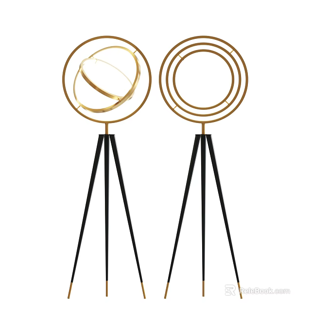 Modern Floor Lamps With Golden Circular Design And Black Tripod Base 3d model 