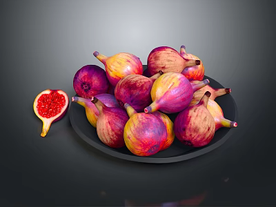Fresh Purple And Yellow Figs On Black Plate With Sliced Half Showing Seeds 3d model