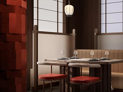 Japanese Style Restaurant Interior With Shoji Screens Red Wooden Decor And Hanging Lamp 3d model