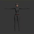 3D Female Character Model With Cat Ear Headpiece Gray Bodysuit Red Belt Arms Outstretched Pose