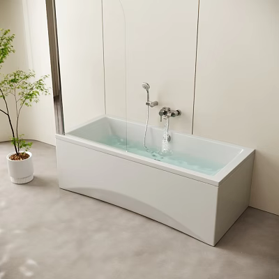 Modern White Freestanding Bathtub in Minimalist Bathroom Interior With Faucet And Green Plant 3d model