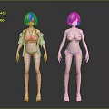 3D Anime Style Female Characters Two Figures With Pink Hair Bikini And Blue Jacket