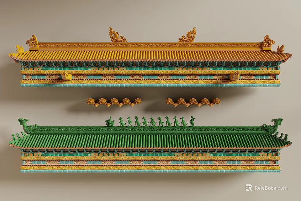 Ancient Chinese Architecture with Yellow and Green Ornate Roofs Dragon Carvings and Classic Eaves Details 3d model 