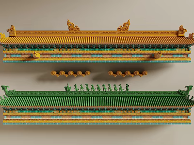 Ancient Chinese Architecture with Yellow and Green Ornate Roofs Dragon Carvings and Classic Eaves Details 3d model