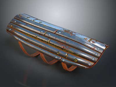 Rusted Metal Pipe Assembly With Brown Leather Straps And Rivets 3d model