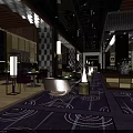 Elegant Modern Restaurant Interior With Purple Carpet Stylish Tables Chairs And Decorative Lighting