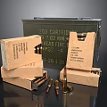 Military 7.62 MM Head Fire Ammunition Box With 200 Cartridges And Cardboard Boxes Scattered Bullets