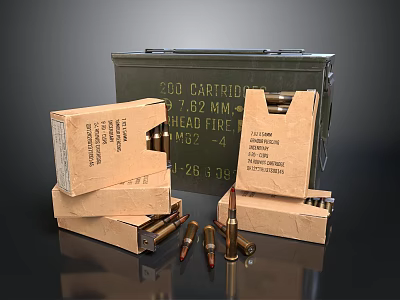 Military 7.62 MM Head Fire Ammunition Box With 200 Cartridges And Cardboard Boxes Scattered Bullets 3d model