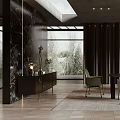 Modern Dining Room Interior With Dark Walls Large Windows Dining Table Chairs And Chandeliers