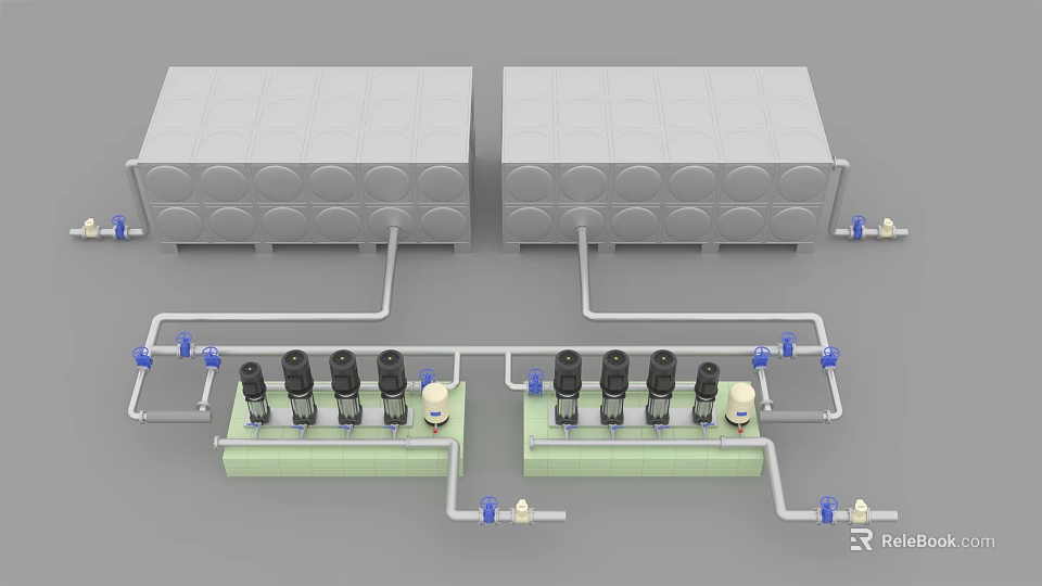 Industrial Equipment With Large Storage Tanks Green Base Piping System And Valves 3d model 