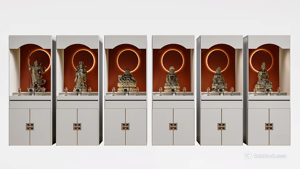 Chinese Style Buddha Shrine Cabinets With Statues And Warm Lighting 3d model 