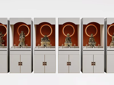 Chinese Style Buddha Shrine Cabinets With Statues And Warm Lighting 3d model