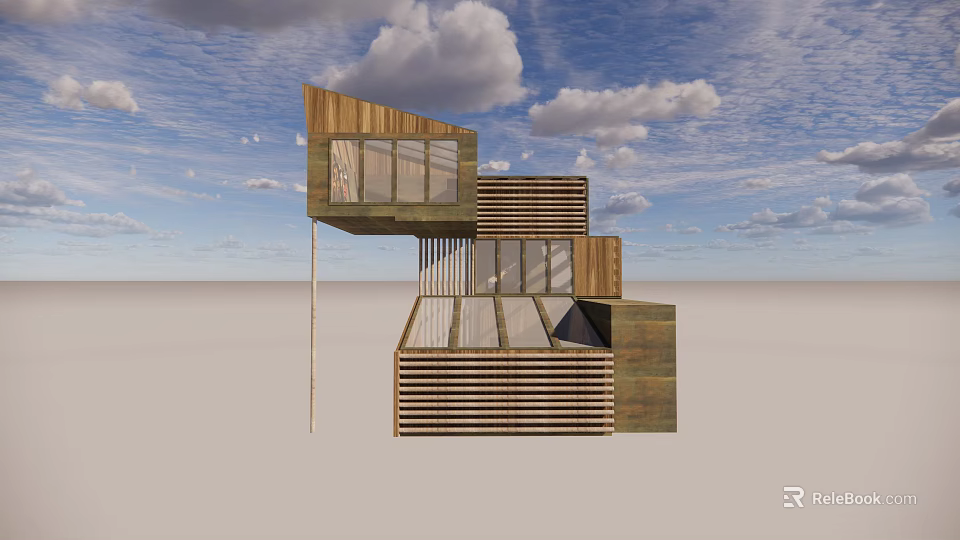 Modern Detached Villa With Wooden Structure Large Windows Glass Roof And Blue Sky 3d model 