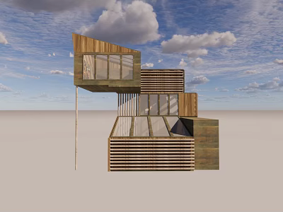 Modern Detached Villa With Wooden Structure Large Windows Glass Roof And Blue Sky 3d model