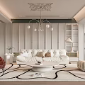 Modern Living Room Interior with White Sofa Chandelier and Geometric Patterned Rug