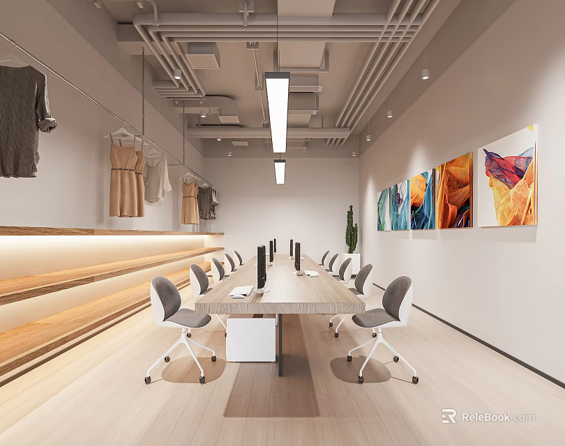 Modern Conference Room Interior With Long Table Ergonomic Chairs And Colorful Wall Artworks 3d model 