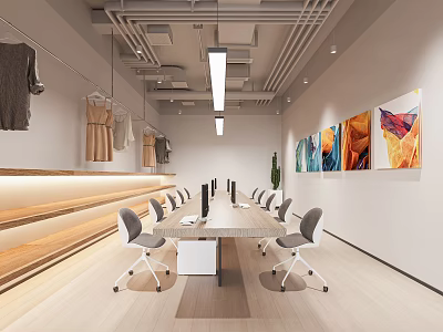 Modern Conference Room Interior With Long Table Ergonomic Chairs And Colorful Wall Artworks 3d model
