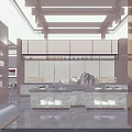 Traditional Oriental Restaurant Interior With Wooden Ceiling Open Buffet Counter And Decorative Backdrop