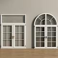 White Square Top and Arched Top Doors With Glass Windows on Light Wall Wooden Floor