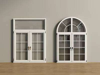 White Square Top and Arched Top Doors With Glass Windows on Light Wall Wooden Floor 3d model