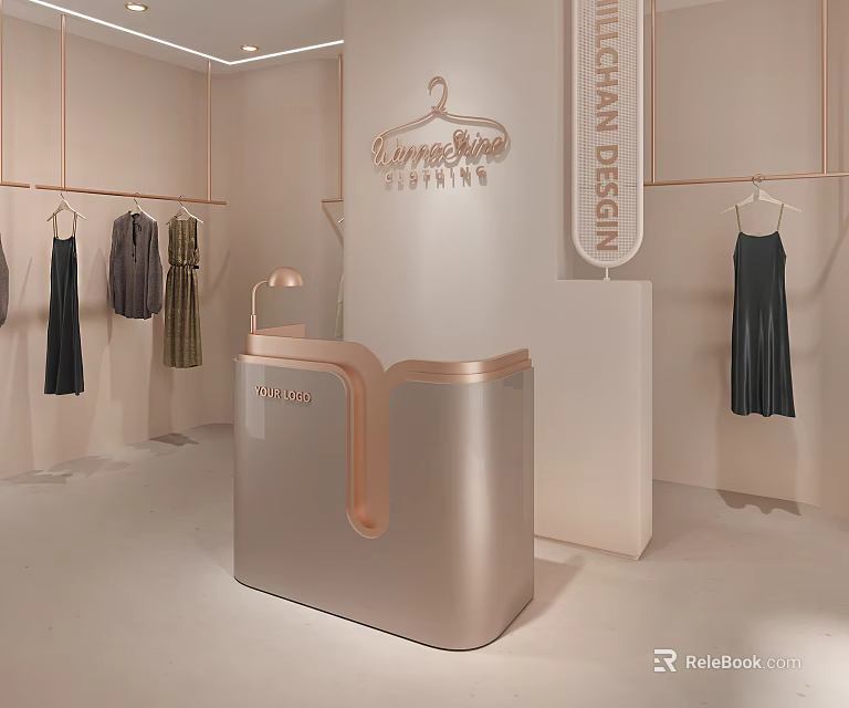 Elegant Modern Clothing Store Interior With Hanging Dresses Reception Desk And Brand Sign 3d model 