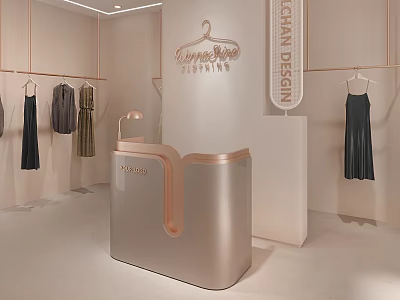 Elegant Modern Clothing Store Interior With Hanging Dresses Reception Desk And Brand Sign 3d model
